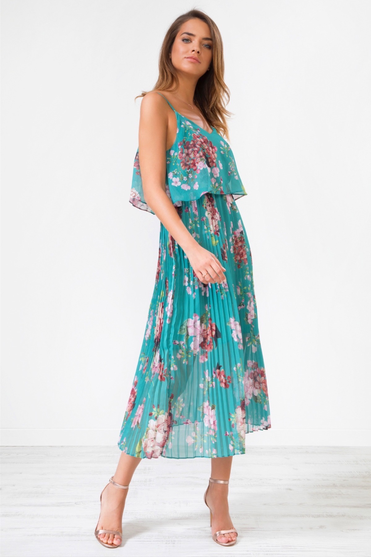 Floral Print Pleated Cami Midi Dress ...